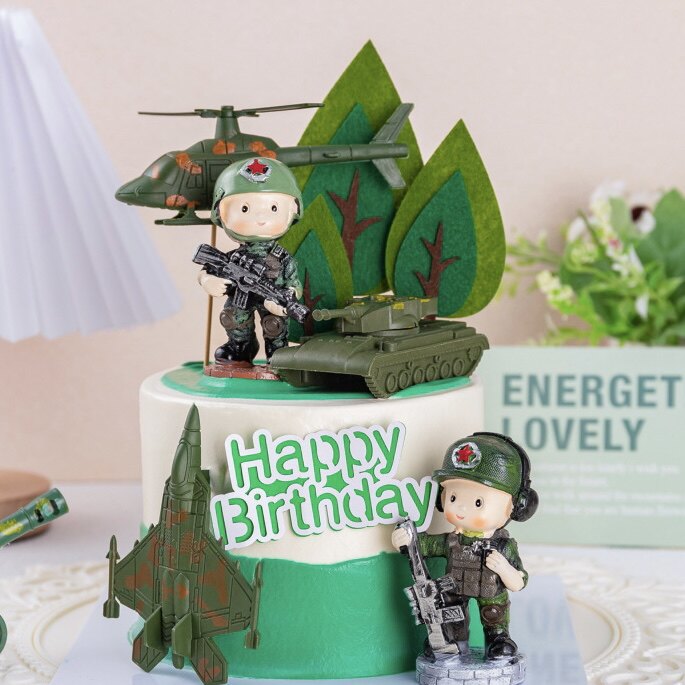 彩虹烘焙馆建军节军事主题蛋糕装饰摆件绿色迷彩坦克飞机大兵插件