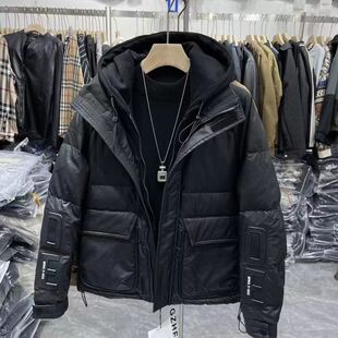 冬季新款韩版连帽假两件棉服加厚御寒PU皮衣潮男帅气棉衣男潮