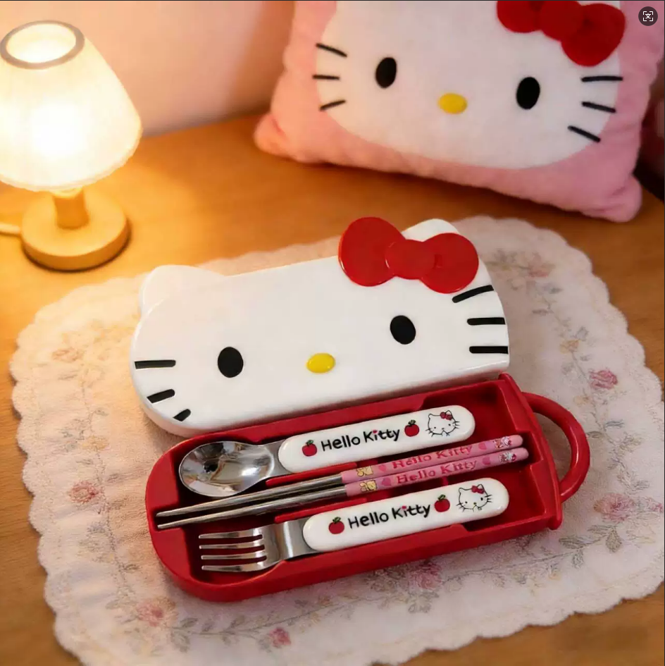 HelloKitty卡通不锈钢餐具儿童套装可爱少女心收纳盒勺叉筷便携盒
