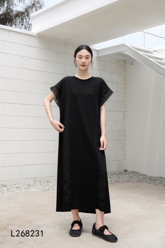 BEST原创设计法式优雅黑色连衣裙2026夏新款拼接镂空宽松显瘦长裙