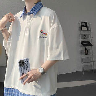 12835【满两件包邮】2026夏季新款港风大码假两件刺绣T恤POLO衫潮