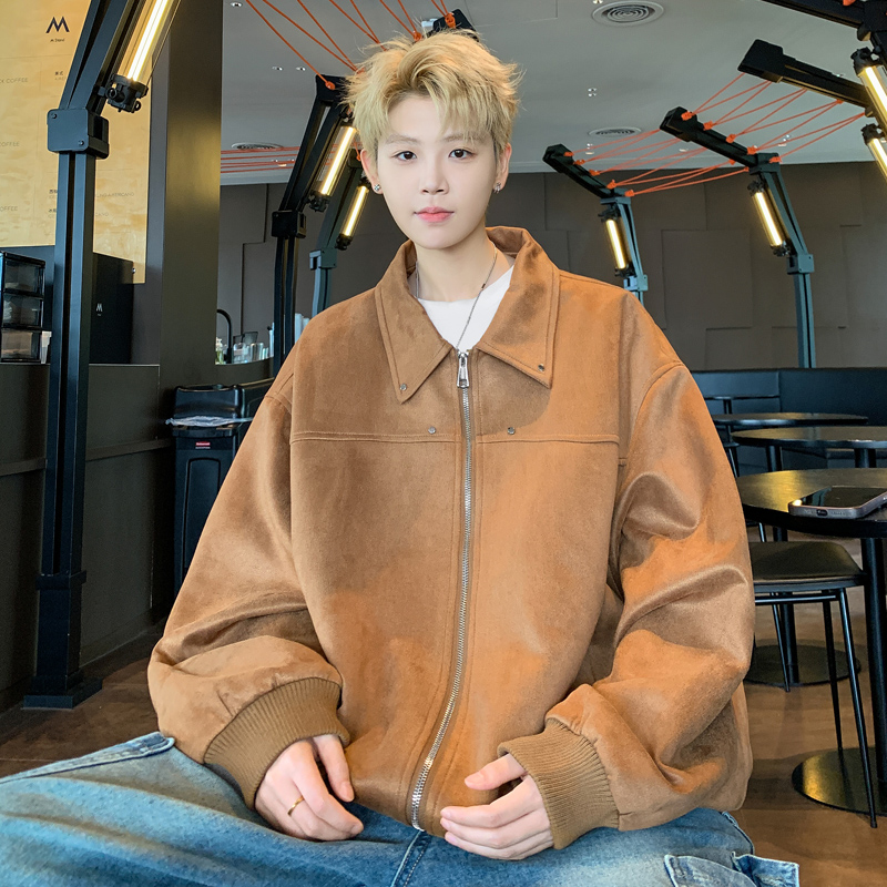 【满两件包邮】2025秋季新款青少年港风仿麂皮绒夹克外套机车上衣