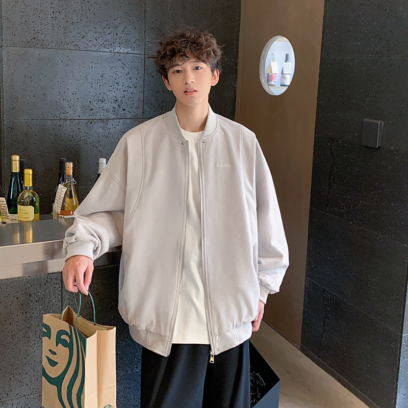 【满两件包邮】2025秋季新款青少年港风个性设计仿麂皮绒棒球夹克