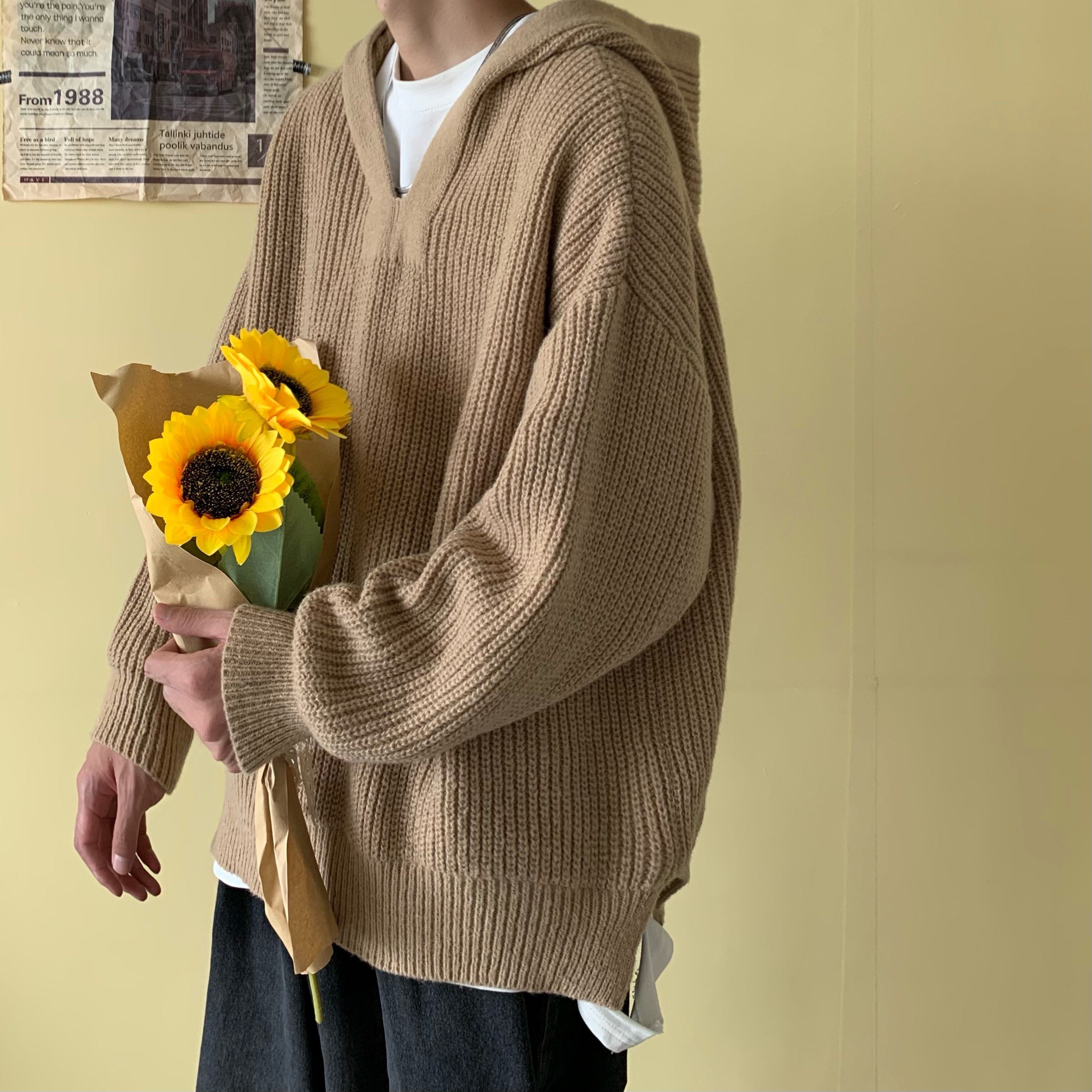 【满两件包邮】2026春季新款港风日系情侣连帽纯色针织衫套头毛衣