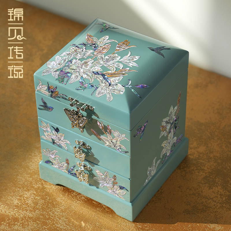 螺钿漆器首饰盒多层木质手工贝壳
