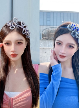 KUKKUU 春夏晶晶石撞色不规则花朵花瓣细发箍手工编织仙气发饰