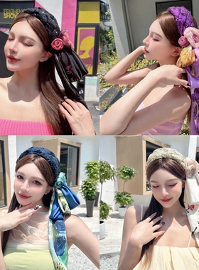 KUKKUU 原创波西米亚风情刺绣亮片干枯玫瑰长丝巾浪漫飘带宽发箍