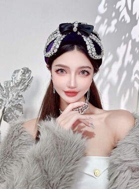 KUKKUU 原创优雅复古重工奢华宽发饰天鹅绒钻饰头蔲半帽晚宴发箍
