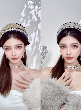 KUKKUU 原创高奢优雅复古加宽版头蔲式半帽天鹅绒钻饰木耳边发箍