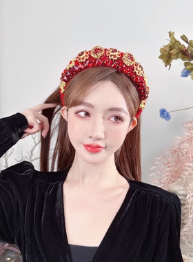 KUKKUU 原创国风复古高订奢华高颅顶发饰质感粗呢镶宝石海绵发箍
