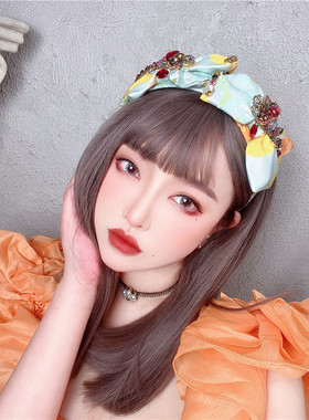 KUKKUU 原创中式复古风彩钻提花双蝴蝶结布艺宝石吊坠宽发箍发饰