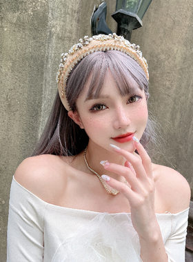 KUKKUU 优雅复古高级质感合金花朵手缝串珠香古铜海绵高颅顶发箍