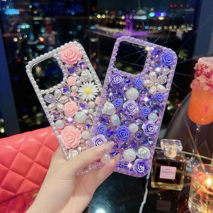 适用于苹果16pro水钻珍珠花朵手机壳iphone17promax全包XR奢华6S高档7/8PLUS/XR苹果12/14PROMAX/13PRO/16E软