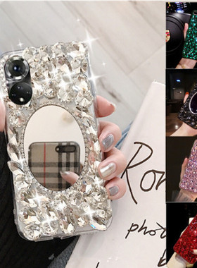 适用网红OPPOReno9PRO/RENO8/7SE/6/5/4SE/3水钻镜子A58XA97A96A55奢华高档A93手机壳A11X软K10XK9S女5GA1PRO