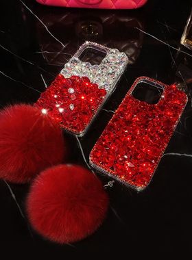 适用于小米14pro/13/12/11青春版/10手机壳K60k50k40k30红米note13/12/11T/PRO红色满钻mix4/3软壳全包防摔女