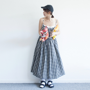 长款 短裙 纯棉格子宽松 连衣裙 打底裙 吊带裙 hewu和物原创设计