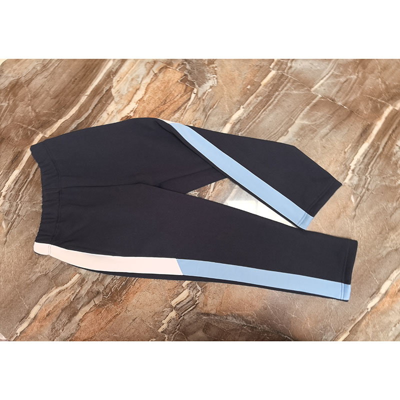 藏蓝色宽白条斜拼天蓝宽条加绒加厚直筒运动校服裤子宽松秋冬款