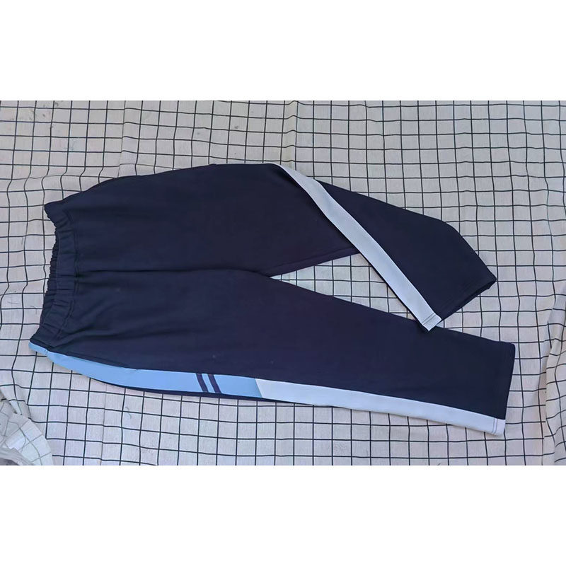 藏蓝宽天蓝斜拼两条藏蓝条斜拼宽白条学生加绒运动校服裤子26中