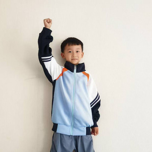 浅天蓝拼橙色身子藏蓝拼白色袖子螺纹袖口拼接上衣校服来图定制