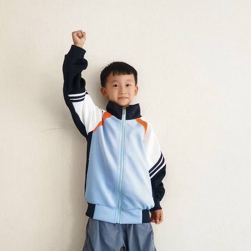 浅天蓝拼橙色身子藏蓝拼白色袖子螺纹袖口拼接上衣校服来图定制