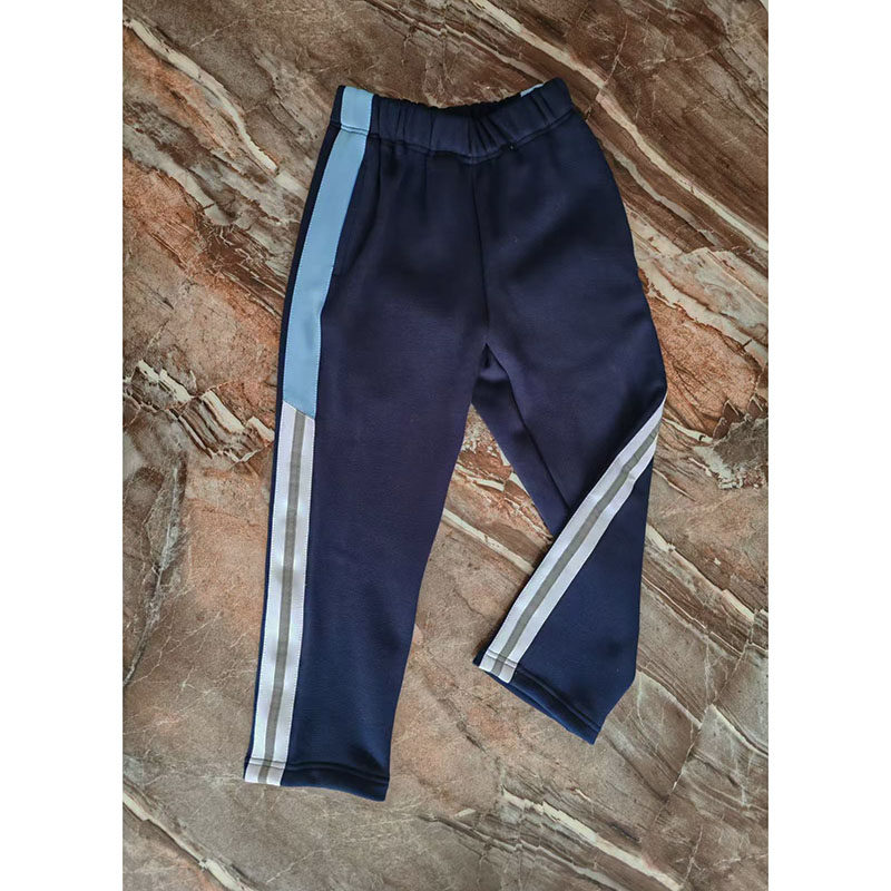 藏蓝色宽天蓝斜拼宽白加竖反光条学生加绒运动校服裤子宽松秋冬款