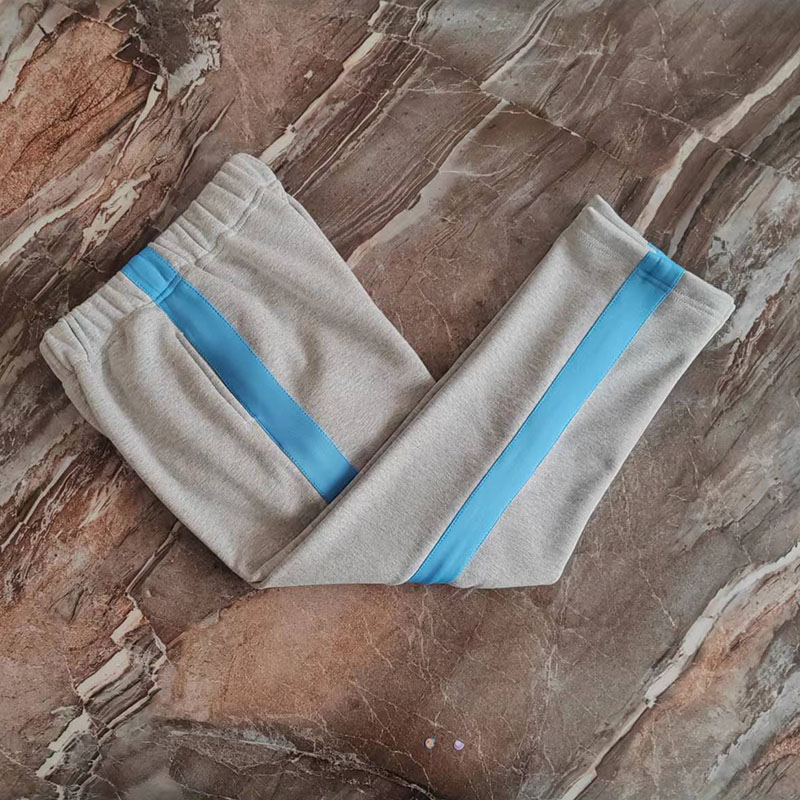 浅灰色宽湖蓝色条宽松中高腰运动校服裤中小学生秋冬加绒加厚定制