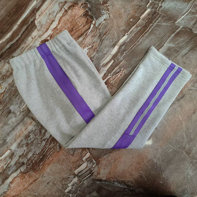 灰色宽紫条斜拼宽紫条竖反光条加绒直筒运动校服裤子宽松春秋款