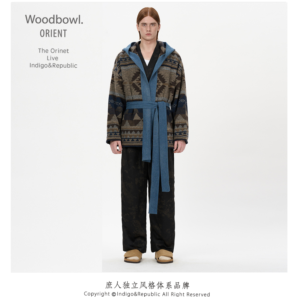 庶人早春毛呢民族风连帽道袍开衫