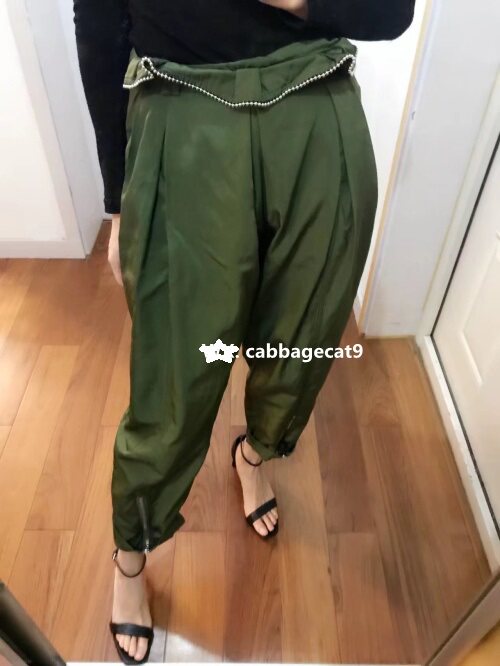 elaine欧洲站AW大牌走秀款记忆面料军绿色花苞高腰阔腿锥形萝卜裤