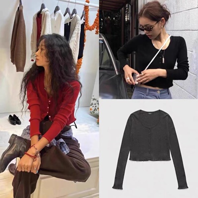 羊毛单排扣圆领短款高腰显瘦