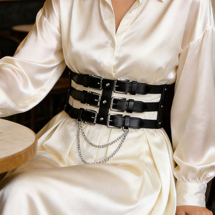 欧美链条宽腰封女装饰西装配裙子辣妹高级感朋克风松紧腰带配饰
