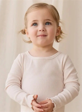 D1844 有机棉莫代尔 四色 舒适柔软亲肤女童纯色花边长袖T恤打底