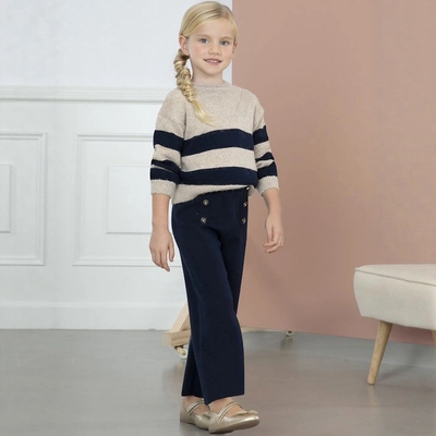 D1753 羊毛针织衫女童条纹花边毛衣舒适圆领长袖套头中大童上衣