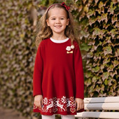 D1307 节日红色中小童女童连衣裙圆领长袖 套头针织裙舒适秋冬