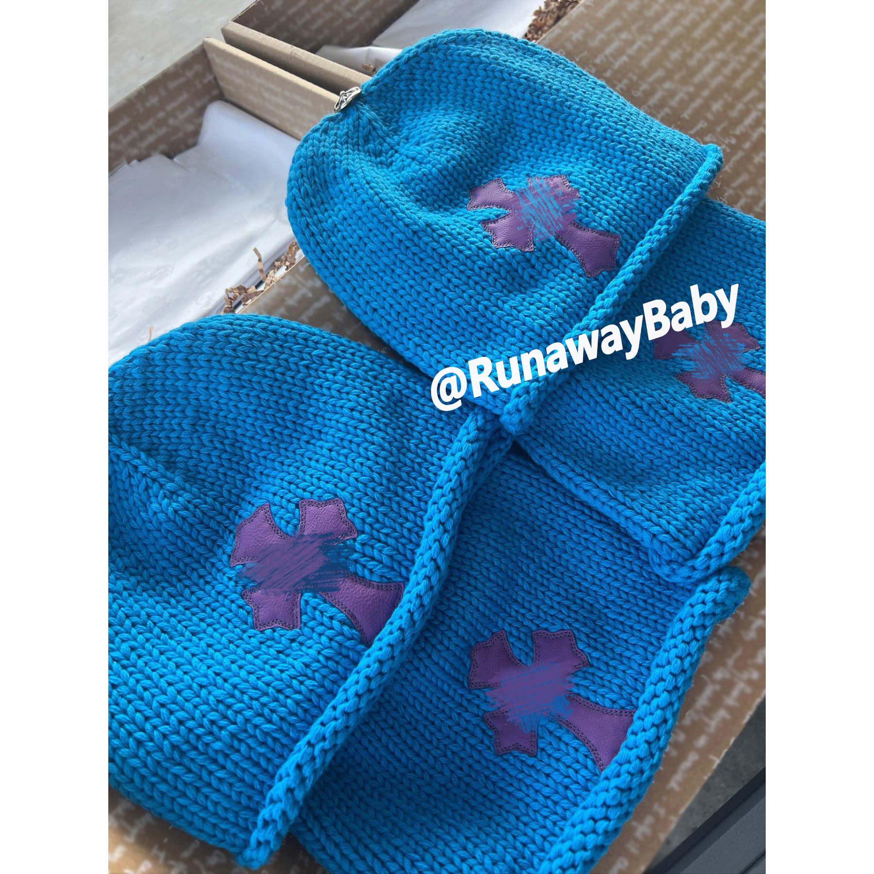 (现货)自主925银紫蓝色手工编织拼皮十字纯羊绒毛线针织冷帽女男