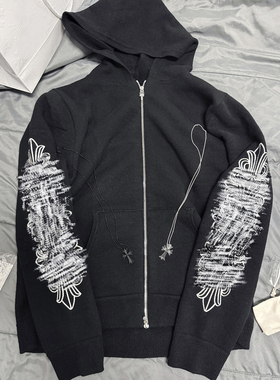 (现货)高端925银纯羊绒刺绣花臂针织拉链连帽衫毛衣外套女男圆领