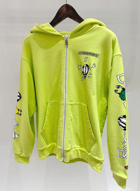 (现货)高端Mattyboy涂鸦荧光果绿色拉链连帽衫卫衣外套华夫格女男