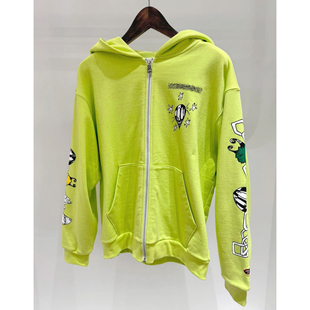 (现货)高端Mattyboy涂鸦荧光果绿色拉链连帽衫卫衣外套女男夹棉