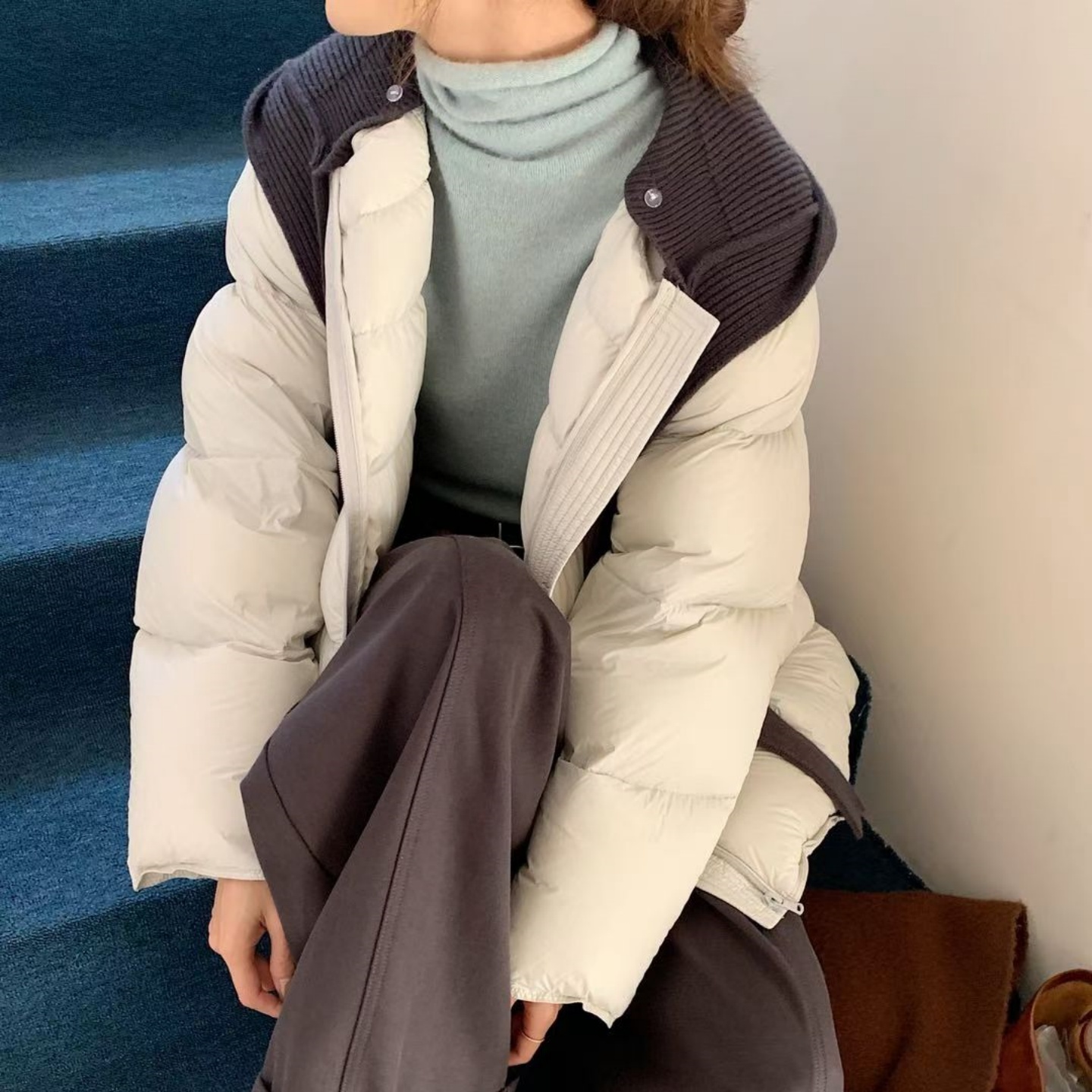 韩版针织连帽中长款羽绒服