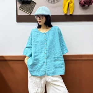 夏季亚麻女衬衫五分袖宽松透气