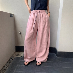 韩版高端亚麻阔腿裤女夏季新款慵懒宽松垂感透气大长腿休闲裤长裤