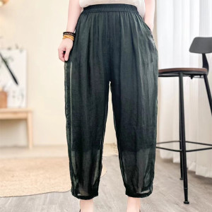 休闲时尚苎麻哈伦裤女2024年夏季新款高品质花边拼接显瘦八分麻裤