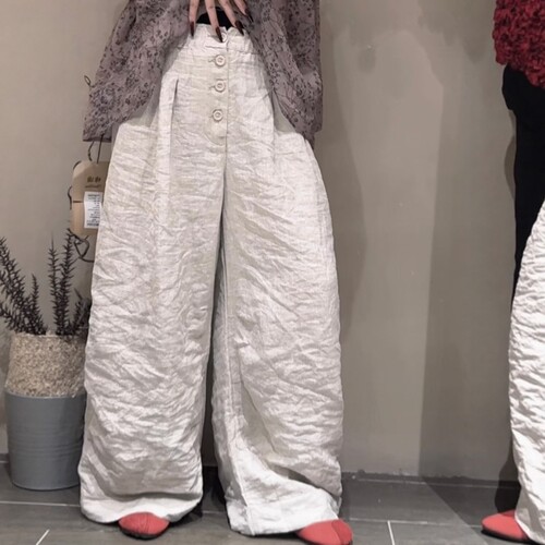 夏季亚麻垂感透气阔腿裤女