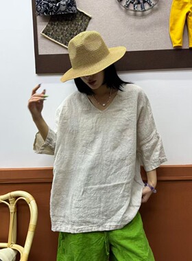 夏季亚麻V领大码五分袖衬衫女