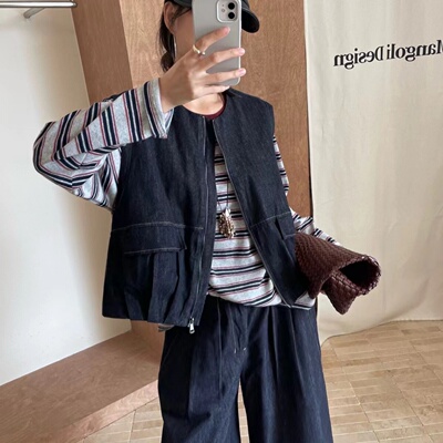 韩时尚牛仔马甲宽松百搭圆领