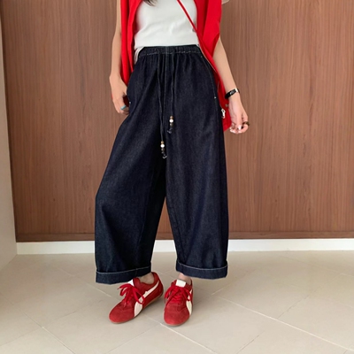 韩版高腰显瘦九分牛仔裤女深蓝