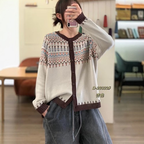 费尔岛提花圆领宽松针织开衫女