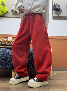 欧版时尚慵懒风红色加绒弯刀裤女宽松阔腿裤百搭显瘦休闲裤长裤