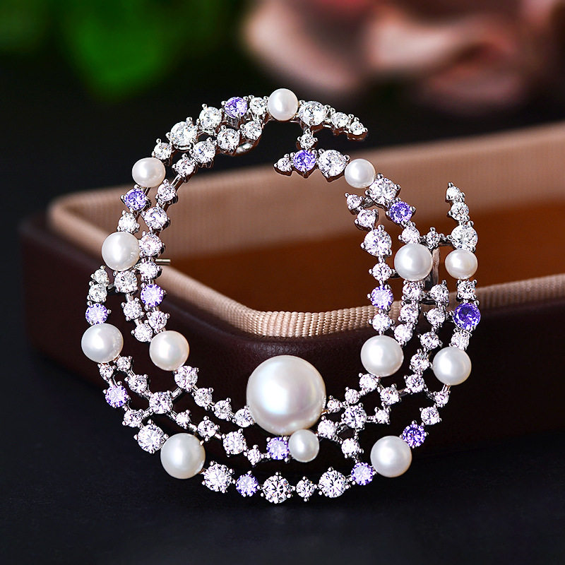 时尚精致优雅奢华花环胸针高档微镶锆淡水珍珠胸花百搭气质配饰,饰品/流行首饰/时尚饰品新,胸针,淘宝优惠券,粉丝福利购,淘宝优惠卷