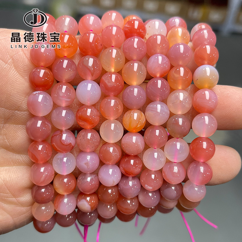 晶德珠宝 水蜜桃色盐源玛瑙圆珠手链 女款简约风多圈手串饰品